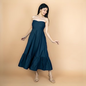 Indigo Cotton Denim Maxi Dress, Flared Tube Dress with Pockets - Plus Size, Petite, Tall ETSW