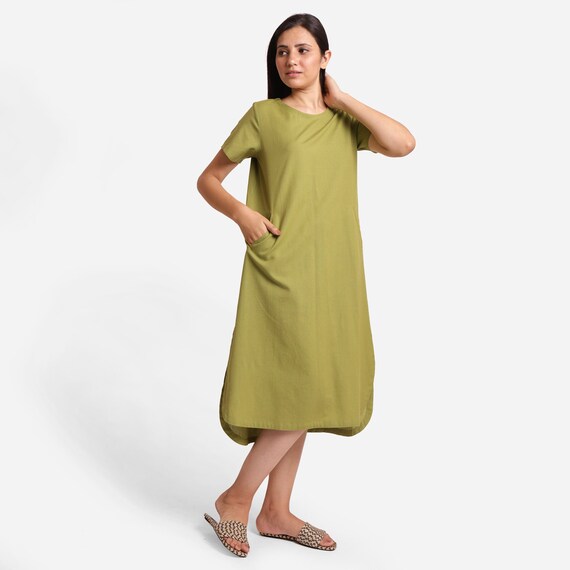Solid Cotton Flax Midi Dress, Customizable Dress, Round Neck Dress, High-Low Shift Dress with Pockets, Plus size, Petite, Tall CW Etsw