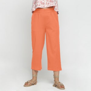 Cotton Flax Culottes, Solid Pattern Culottes, Peach Culottes with Pockets, Customizable Mid-Rise Pant, Plus Size, Petite, Tall etsw