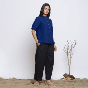 Navy Blue Button-Down Top, 100% Cotton Yarn Dyed Top, Relaxed Sleeves Top, Customizable Collared Shirt, Plus Size, Petite, Tall etsw