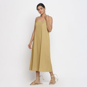 Cotton Flax Midi Dress, Customizable Dress for Women, Round Neck A-Line Slip Dress, Dress with Pockets, Plus Size, Petite, Tall etsw