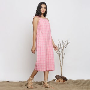 Pink 100% Cotton Jumpsuit, Midi Customizable Jumpsuit with Pockets, Relaxed Fit Jumpsuit, Checks Jumpsuit, Plus Size, Petite, Tall etsw