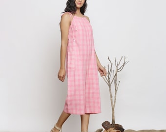 Pink 100% Cotton Jumpsuit, Midi Customizable Jumpsuit with Pockets, Relaxed Fit Jumpsuit, Checks Jumpsuit, Plus Size, Petite, Tall etsw