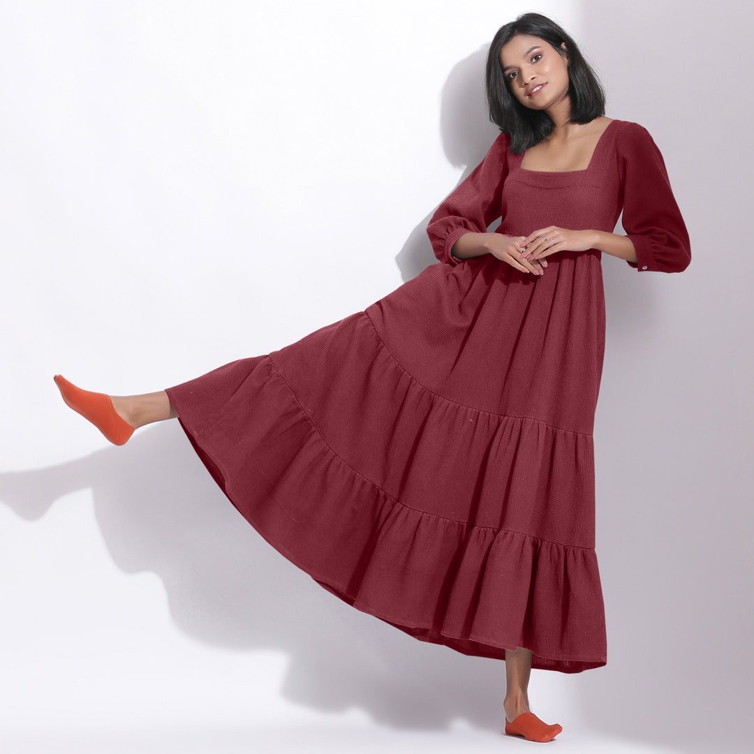 Robe longue rouge brique gaufrée 100 coton, robe