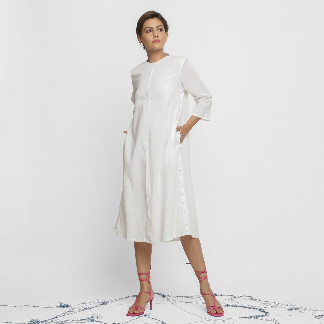 White 100% Organic Cotton Midi Shirt Dress, Customizable Dress for Women, Button-Down Dress with Pockets, Plus size, Petite, Tall Etsw