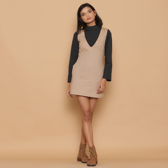 Dusk Brown 100% Cotton Deep Neck Mini Dress, Sleeveless Sheath Dress, Dress with Pockets, Customizable Dress, Plus Size, Petite, Tall etsw