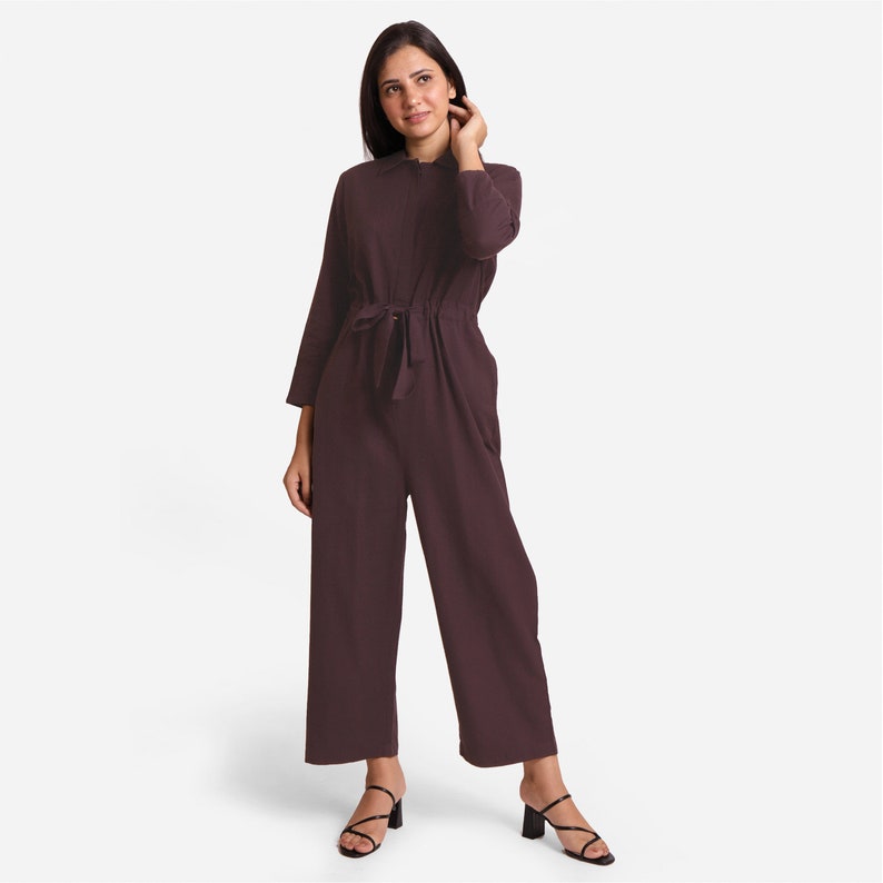 Cotton Flax Jumpsuit, Button-Down Flat Collar Jumpsuit, Customizable Jumpsuit with Pockets, Plus Size, Petite, Tall cw etsw image 9