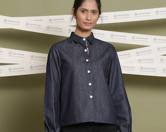 Indigo 100% Cotton Denim Shirt, Button-Down Shirt, Solid Flat Collar Shirt, Customizable, Cuff Sleeves Top, Plus Size, Petite, Tall etsw