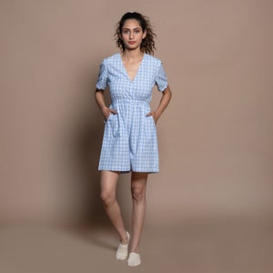 Powder Blue 100% Cotton Playsuit, Checks Wrap Playsuit, Customizable Playsuit, Short Playsuit with Pockets, Plus Size, Petite, Tall etsw