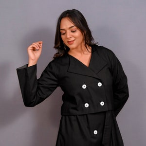 Black Warm Cotton Flannel Double-Breasted Button-Down Shacket, Full Sleeve Shaket, Pockets Outerwear, Customizable Jacket  etsw