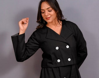Black Warm Cotton Flannel Double-Breasted Button-Down Shacket, Full Sleeve Shaket, Pockets Outerwear, Customizable Jacket  etsw