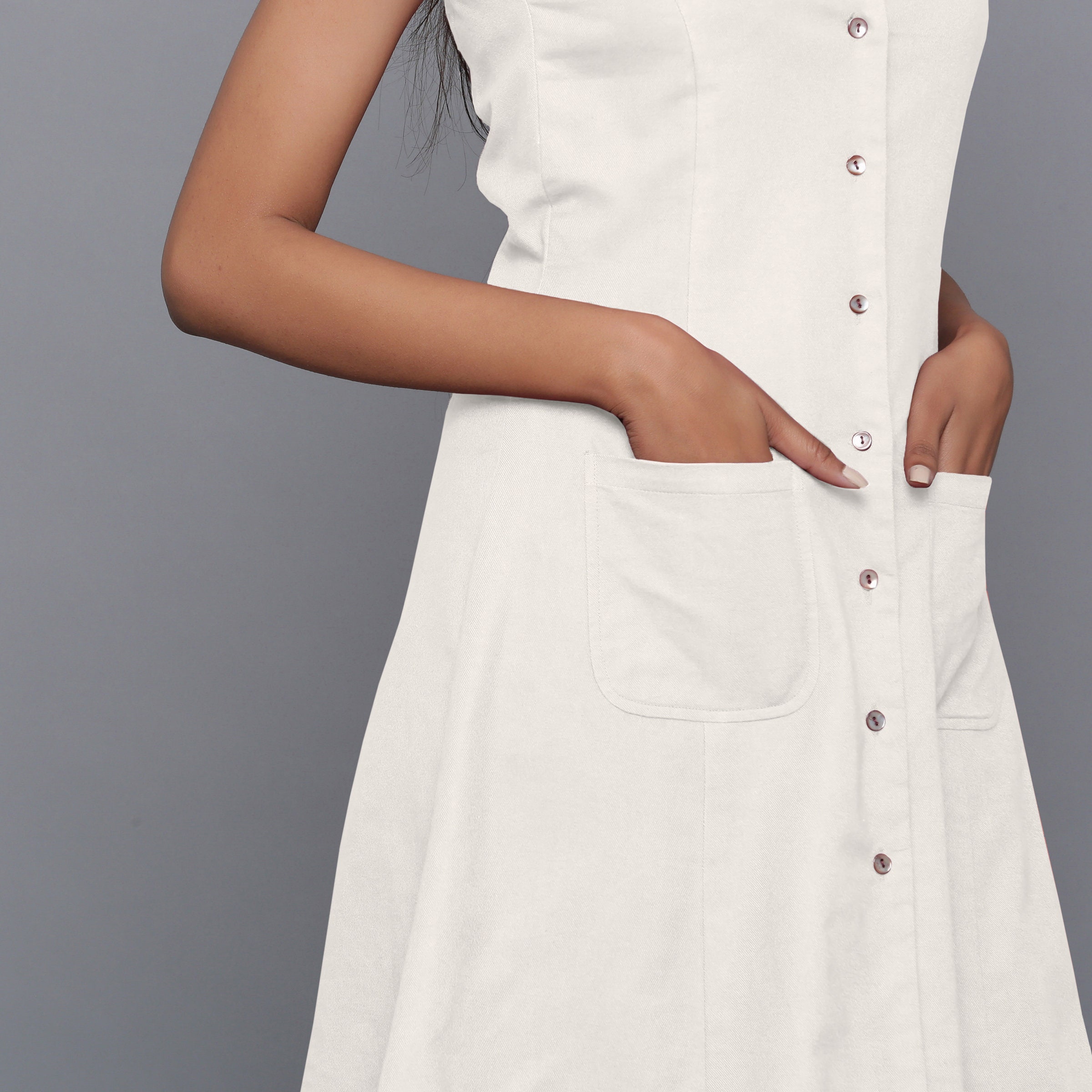 Off-White Cotton Flannel Button-Down Dress, Sleeveless Short Dress with Pockets, Customizable Dress, Plus Size, Petite, Tall etsw Off-White Cotton Flannel Button-Down Dress, Sleeveless Short Dress with Pockets, Customizable Dress, Plus Size, Petite, Tall etsw