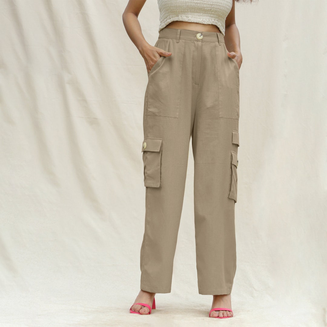 Beige Cotton Flax Elasticated High-rise Cargo Pant, Full