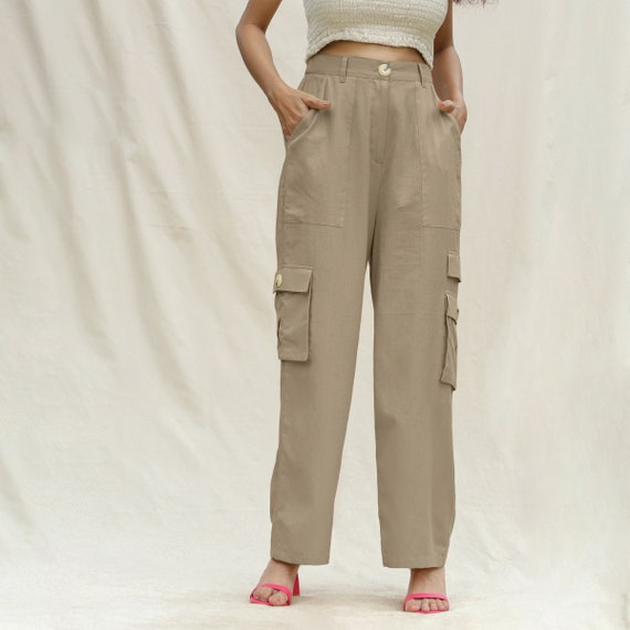 Beige Cotton Flax Elasticated High-rise Cargo Pant, Full Length ...