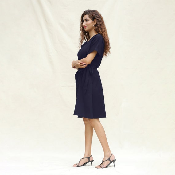 Navy Blue Cotton Flax A-Line Knee Length Wrap Dress, Dress With Pockets, Half Sleeve Dress, Customizable Dress etsw