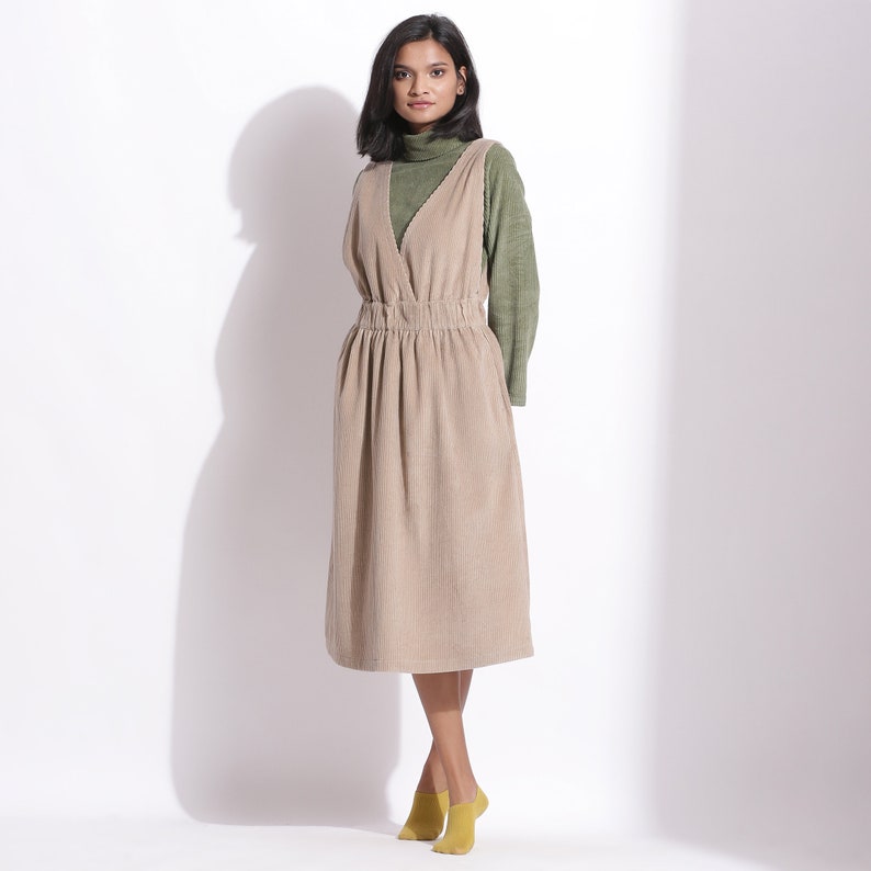 Taupe 100% Cotton Corduroy Midi Dress, Customizable Dress, Pinafore Dress with Pockets, V-Neck Dress,, Plus Size, Petite, Tall etsw image 5