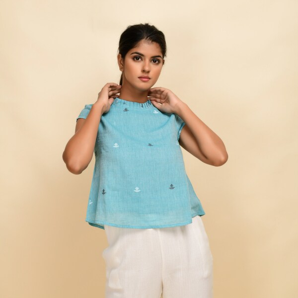 White jamdani cropped kaftan top