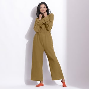 Olive Green Wide-Legged Overall, 100% Cotton Waffle Overall, Turtle Neck Customizable Overall with Pockets, Plus Size, Petite, Tall etsw