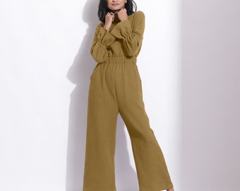 Olive Green Wide-Legged Overall, 100% Cotton Waffle Overall, Turtle Neck Customizable Overall with Pockets, Plus Size, Petite, Tall etsw