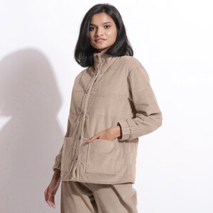 Dusk Beige 100% Cotton Corduroy Puffer Jacket, Customizable Jacket for Women, Quilted Relaxed Fit Jacket