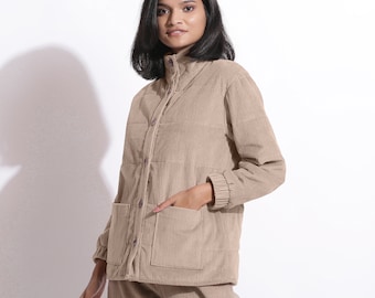 Dusk Beige 100% Cotton Corduroy Puffer Jacket, Customizable Jacket for Women, Quilted Relaxed Fit Jacket