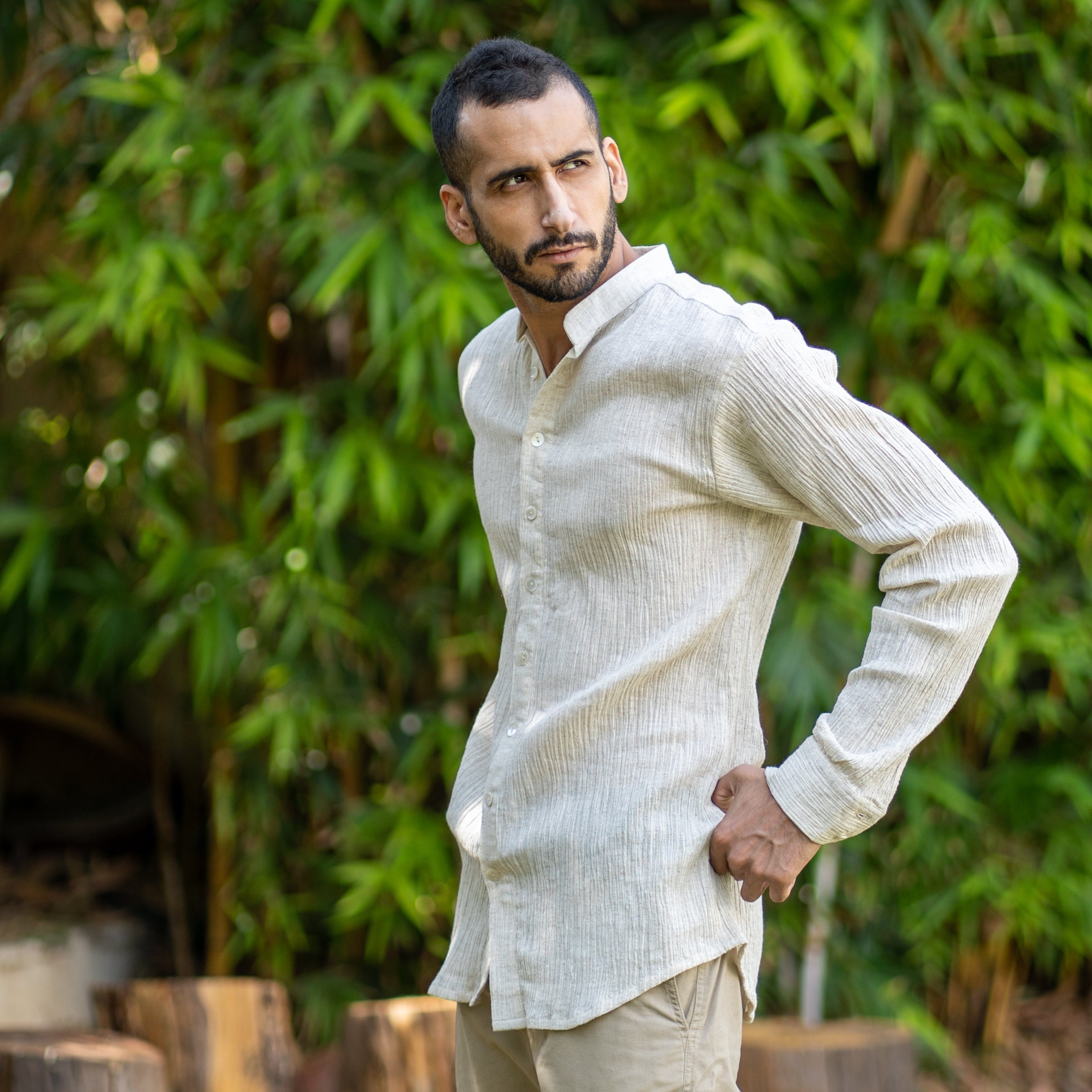 Off-white Crinkled Boho Shirt for Men, Undyed Cotton Flax