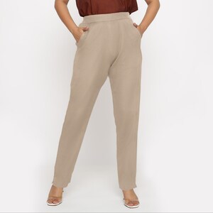 Beige Cotton Flax Pant, Customizable Pant, Mid-Rise Pant with Pockets, Slim Fit Half Elasticated Pant, Plus Size, Petite, Tall etsw