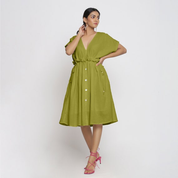 chinese dress ladies MARY Washed Linen Shirt Dress in Olive