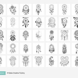 May include: A set of 36 black and white dreamcatcher illustrations. The dreamcatchers are various shapes and sizes, with different patterns and designs. The illustrations are perfect for coloring, crafting, or using as inspiration for your own designs.