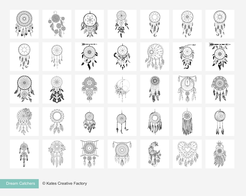 May include: A set of 36 black and white dreamcatcher illustrations. The dreamcatchers are various shapes and sizes, with different patterns and designs. The illustrations are perfect for coloring, crafting, or using as inspiration for your own designs.
