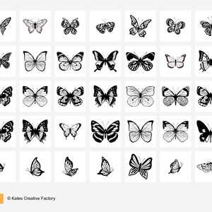 May include: A collection of 36 black and white butterfly illustrations. The butterflies are in various poses and have different wing shapes and patterns.
