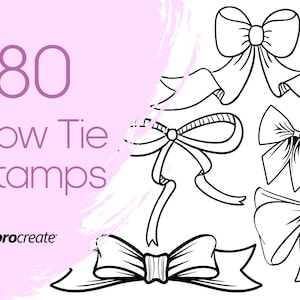 Może przedstawiać: Zestaw 80 czarno-białych stempli z muszką do użycia z aplikacją Procreate. Stemple są w różnych stylach i rozmiarach.