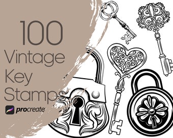 May include: A set of 100 vintage key stamps for Procreate. The stamps feature intricate designs of keys, locks, and other decorative elements.
