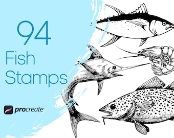 May include: A set of 94 black and white fish stamps for Procreate. The stamps feature a variety of fish, including a tuna, a marlin, a cod, and a shrimp.