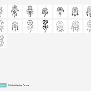 May include: A set of 15 black and white dreamcatcher illustrations. The dreamcatchers feature various designs, including hearts, moons, and geometric patterns.