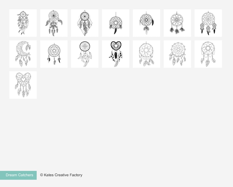 May include: A set of 15 black and white dreamcatcher illustrations. The dreamcatchers feature various designs, including hearts, moons, and geometric patterns.