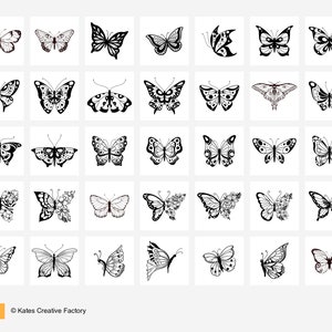 May include: A set of 36 black and white butterfly illustrations. The butterflies are in various poses and designs, including some with floral accents.