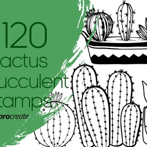 May include: A set of 120 black and white cactus and succulent stamps for Procreate. The stamps feature a variety of cactus and succulent designs, including a cactus in a pot, a cactus with flowers, and a succulent with leaves.