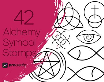 May include: A set of 42 black and white alchemy symbol stamps for use with the Procreate app. The symbols include a pentagram, a fish, an eye, a cross, and a triquetra.