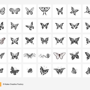 May include: A collection of 25 black and white butterfly illustrations. The butterflies are in various poses and designs. The illustrations are on a white background.