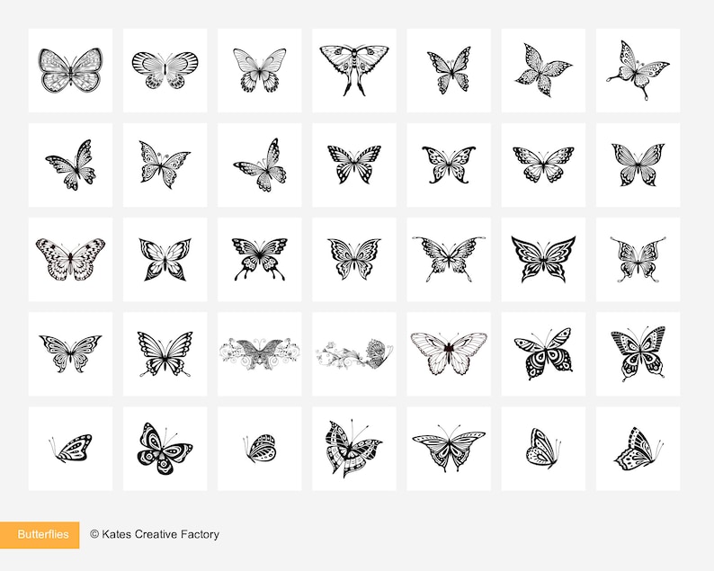 May include: A collection of 25 black and white butterfly illustrations. The butterflies are in various poses and designs. The illustrations are on a white background.
