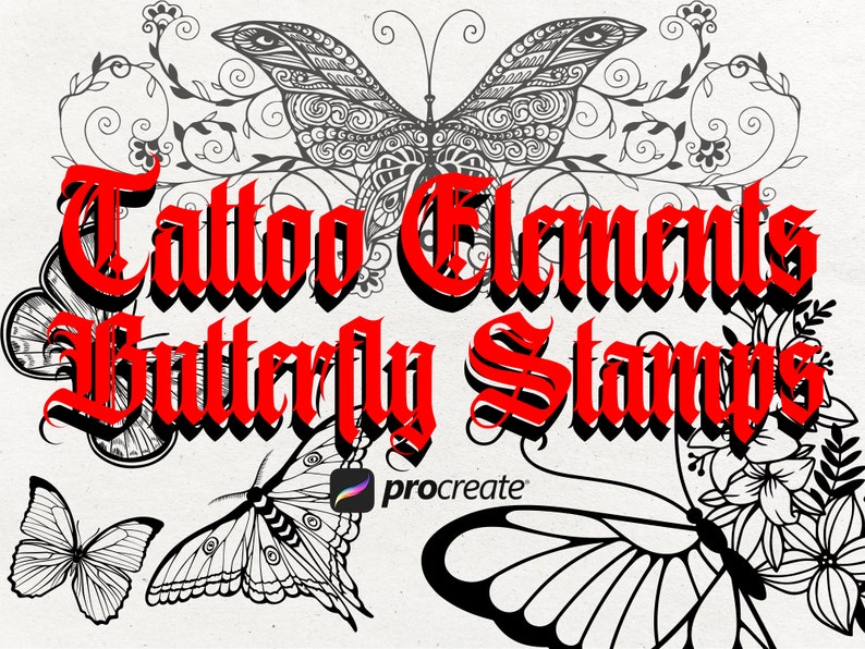 May include: Black and white butterfly tattoo elements for Procreate. The image shows a collection of butterfly designs with intricate details, perfect for creating custom tattoos.