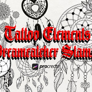 May include: Black and white digital illustrations of dreamcatchers, feathers, and floral designs. The text "Tattoo Elements Dreamcatcher Stamps" is written in red and black.