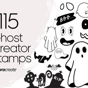 May include: A set of 115 black and white ghost-themed stamps for Procreate. The stamps include various ghost shapes, eyes, mouths, and other Halloween-themed elements.