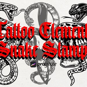May include: Black and white tattoo design elements featuring snakes and skulls. The text "Tattoo Elements Snake Stamps" is written in a bold, gothic font.