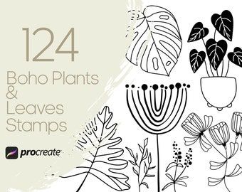 May include: 124 Boho Plants & Leaves Stamps for Procreate. A set of black and white illustrations of various plants and leaves, including a monstera leaf, a potted plant, and a flower.