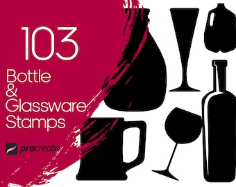 103 Bottle & Glassware Procreate Stamps: Carafe, Jar, Stein (Commercial Licence)