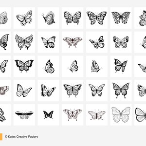 May include: A collection of 40 black and white butterfly illustrations. The butterflies are in various poses and have different wing shapes and patterns.