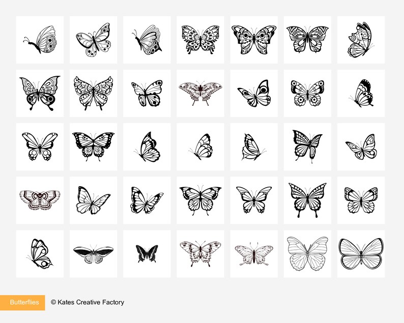 May include: A collection of 40 black and white butterfly illustrations. The butterflies are in various poses and have different wing shapes and patterns.