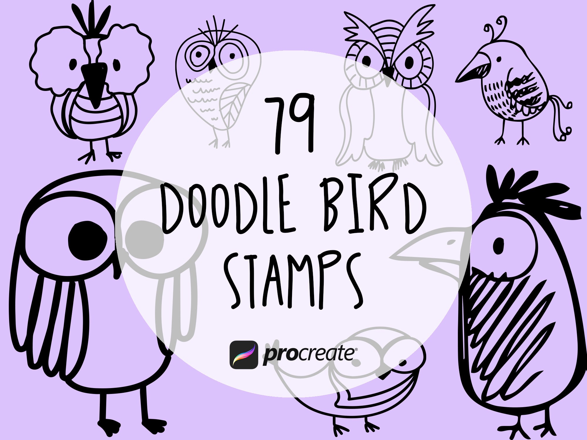 Paquete de sellos para Procreate Bird Doodle – 79 pinceles de sello de búho, gorrión y cardenal con licencia comercial